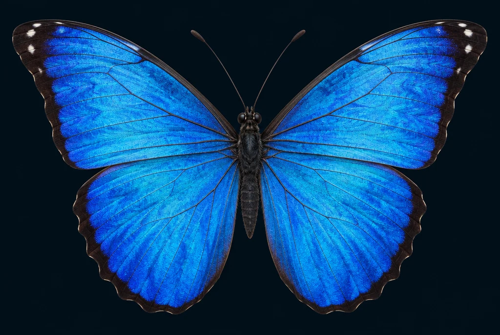 AI-generated natural-history illustration of a blue Morpho-inspired butterfly with open wings.