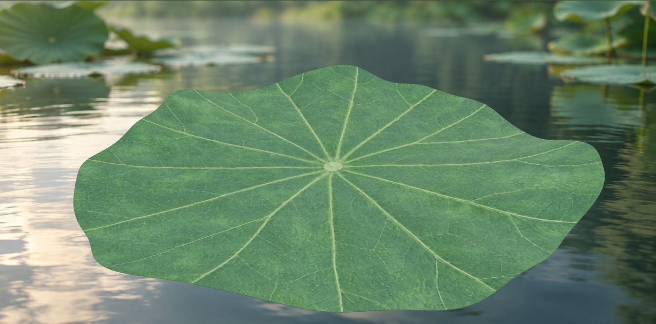 A still rendering of the whole lotus leaf illustration above a softly blurred pond.