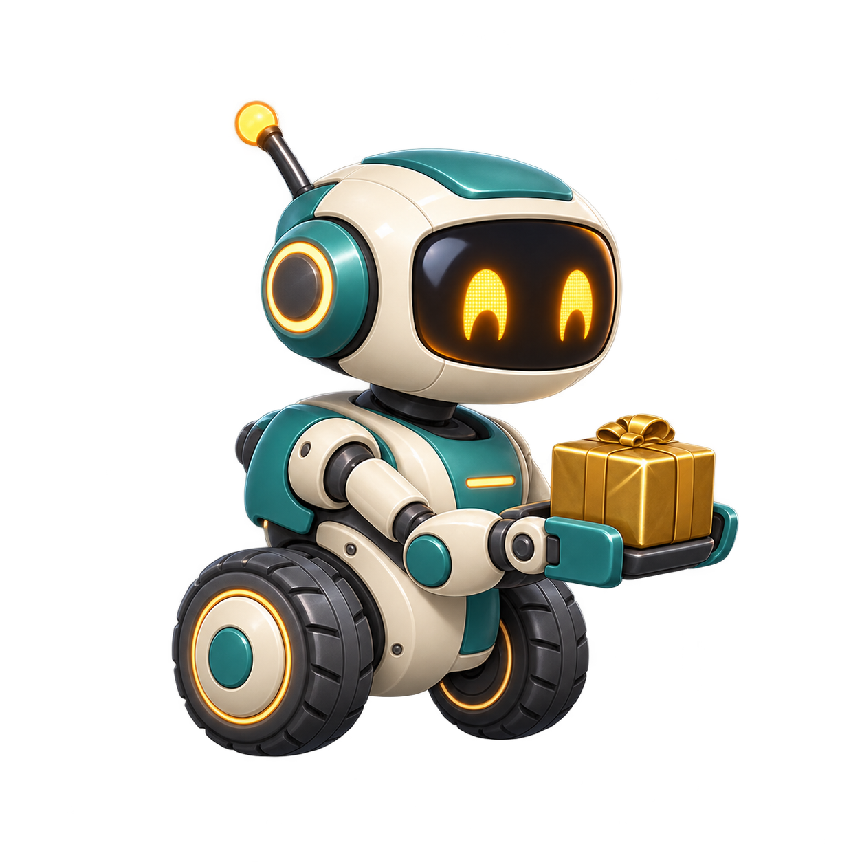 A teal delivery robot carrying a golden parcel